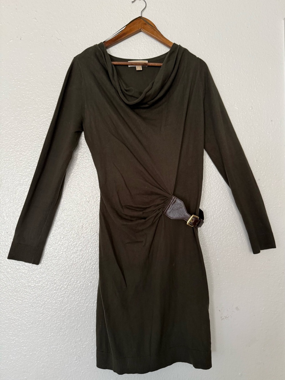 Michael Kors Olive Green Cowl-Neck Long Sleeve Knit Dress with Buckle sz M